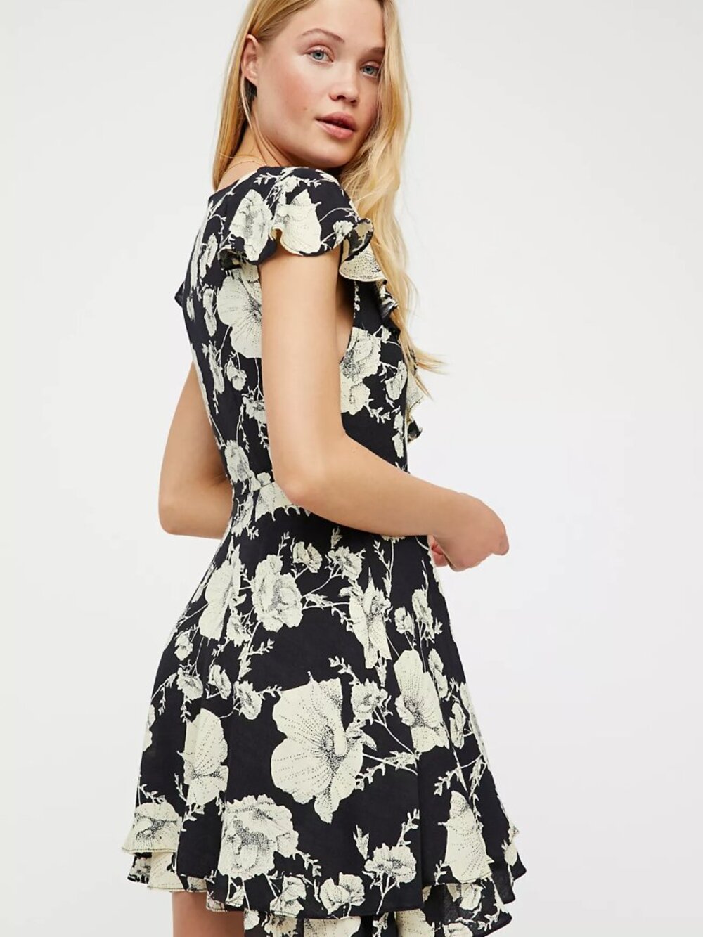 FREE PEOPLE French Quarter Mini Wrap Dress, Black and Cream Floral , Size M - Picture 3 of 9